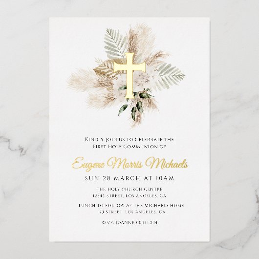 Gouden Kruis Pampas Eerste Heilige Communie Folie Uitnodiging (Voorkant)