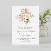 Gouden Kruis Pampas Eerste Heilige Communie Folie Uitnodiging (Staand Voorkant)