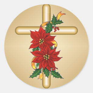 Gouden Kruis Poinsettia Kerst stickers