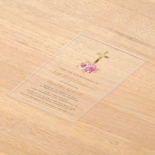 Gouden Kruis Roze Bloemen Eerste Communie Acryl Uitnodigingen (Laagn)