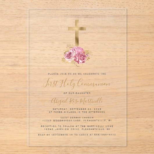 Gouden Kruis Roze Bloemen Eerste Communie Acryl Uitnodigingen (Voorkant)
