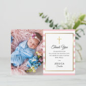 Gouden kruis roze streep Doop Foto Bedankkaart (Staand voorkant)