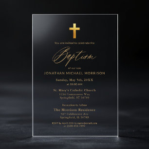 Gouden Kruis Script Typografie Chic Elegante Doop Acryl Uitnodigingen