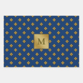 Gouden kruisbloemige bloemen Monogrammed Blauw Inpakpapier Vel (Voorkant 2)