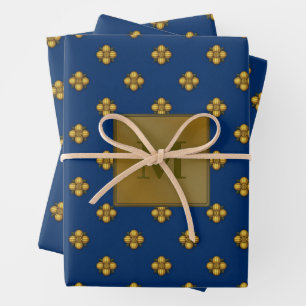 Gouden kruisbloemige bloemen Monogrammed Blauw Inpakpapier Vel