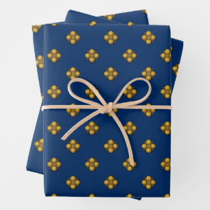 Gouden kruisbloemige bloemen op blauw inpakpapier vel