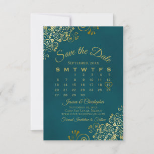 Gouden Krullen & Wervelingen Elegante Teal Huwelij Save The Date
