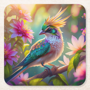 Gouden kuifgroen met kop Finch Fantasy Bird Vierkante Kartonnen Onderzetter