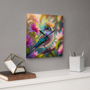 Gouden kuifgroen met kop Finch Fantasy Bird Vierkante Klok