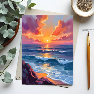Gouden Kust Zonsondergang Oceaan Aquarel Schilde Briefkaart