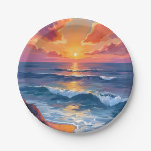 Gouden Kust Zonsondergang Oceaan Aquarel Schilde Papieren Bordje