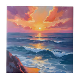 Gouden Kust   Zonsondergang Oceaan Aquarel Schilde Tegeltje