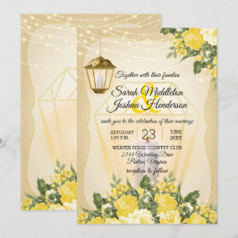 Gouden Lantaarns en Gele Bloem Bruiloft Kaart