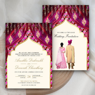 Gouden Lantaarns Magenta Roze Indiaas Paar Huwelij Kaart