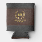 Gouden laurierkrans bruin & zwart gestikt leer blikjeskoeler (Voorkant)