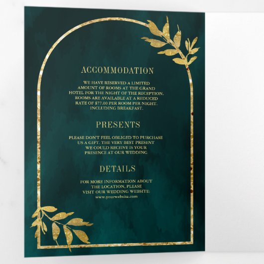 Gouden lauwerkrans verlaat duistere Blauwgroen bru Drieluik Uitnodiging (Binnenzijde eerst)