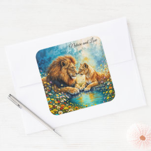 Gouden Leeuw Leeuwin kleurrijke wilde bloemen Vierkante Sticker