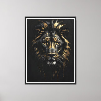 Gouden Leeuw Omlijning op Zwarte Canvas – Majestue Afdruk