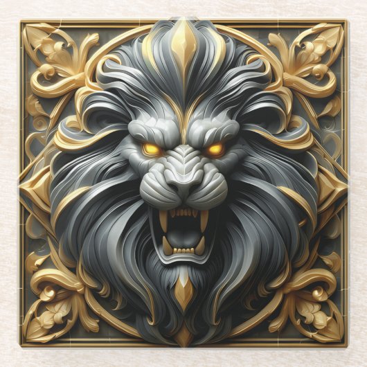 Gouden Leeuwenkop met ingewikkelde details Glazen Onderzetter (Voorkant)