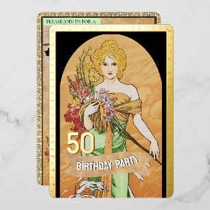  gouden lente godin, Mucha, 50ste verjaardag Folie Uitnodiging