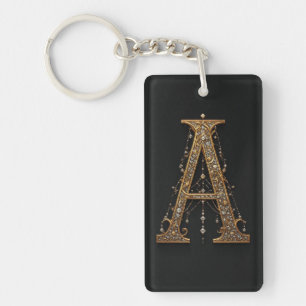 Gouden letter A met edelstenen barokke versiering Sleutelhanger