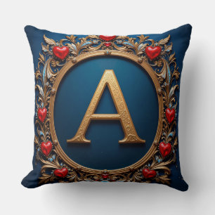 Gouden Letter A Met Hartjes Bloemendecor Blauw 💙 Kussen