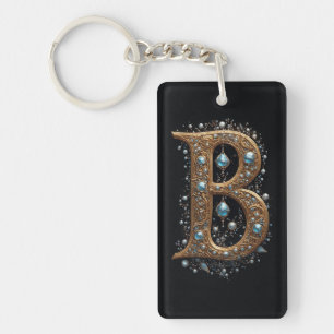 Gouden letter B met edelstenen barok versiering Sleutelhanger