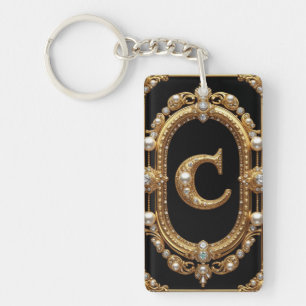 Gouden Letter C Monogram Met Diamanten en Parels Sleutelhanger
