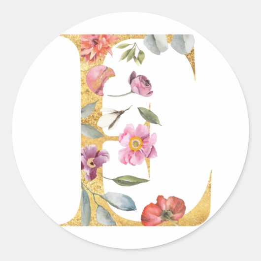 Gouden letter E met bloemen Ronde Sticker (Voorkant)