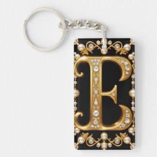 Gouden letter E monogram met diamanten en parels Sleutelhanger