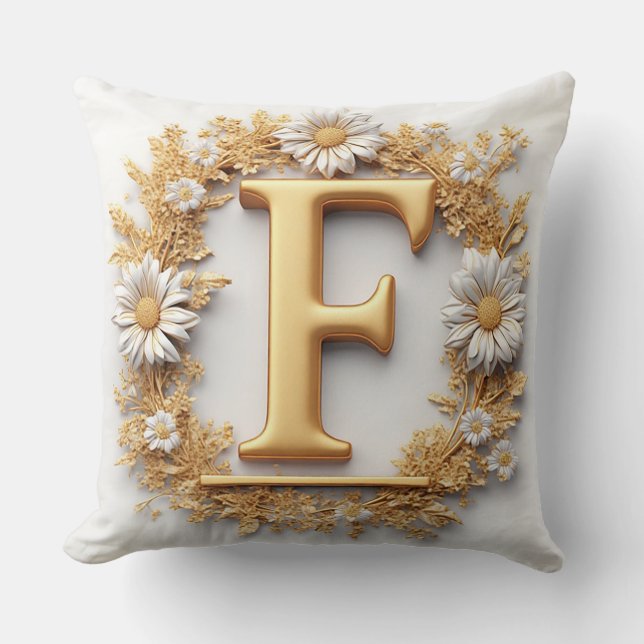 Gouden letter F met bloemenkrans decoratie Kussen (Voorkant)