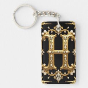 Gouden Letter H Monogram Met Diamanten en Parels Sleutelhanger