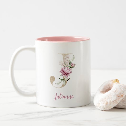 Gouden Letter J, Monogram J, Roze Bloemen Cadeau H Tweekleurige Koffiemok (Met donut)