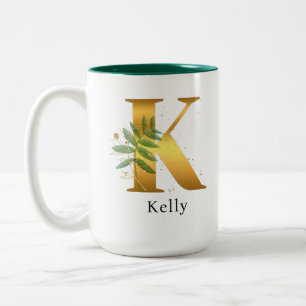Gouden Letter K Aquarel Bloem Monogram Tweekleurige Koffiemok