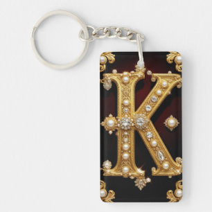 Gouden Letter K Monogram Met Diamanten en Parels Sleutelhanger