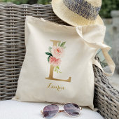Gouden Letter L en Roze Bloemen Persoonlijk Gemaak Tote Bag