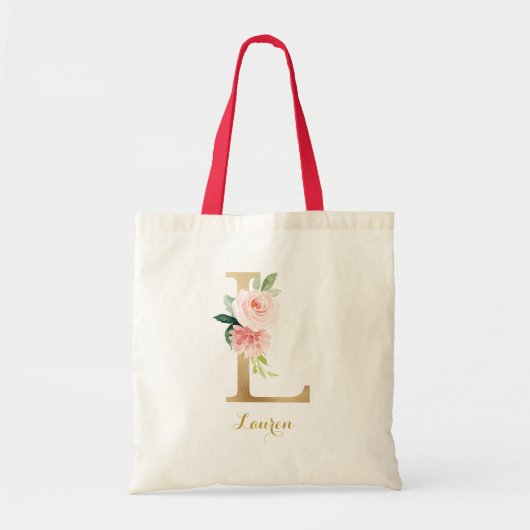 Gouden Letter L en Roze Bloemen Persoonlijk Tote Bag (Voorkant)