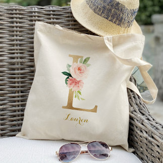 Gouden Letter L en Roze Bloemen Persoonlijk Tote Bag