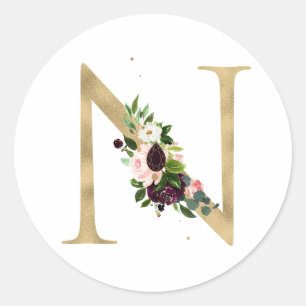 Gouden letter MONOGRAM boho bordeauxrode bloemen Ronde Sticker