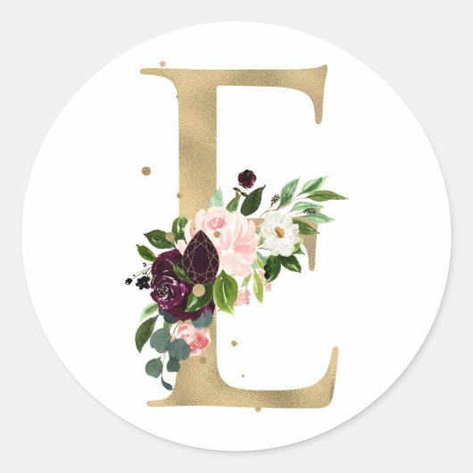 Gouden letter MONOGRAM boho bordeauxrood bloemen   Ronde Sticker (Voorkant)