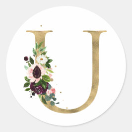 Gouden letter MONOGRAM boho burgundy bloemen Cl Ronde Sticker