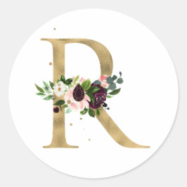 Gouden letter MONOGRAM boho burgundy bloemen Cl Ronde Sticker