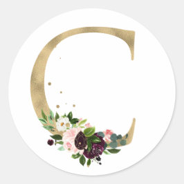 Gouden letter MONOGRAM boho burgundy bloemen  Ronde Sticker