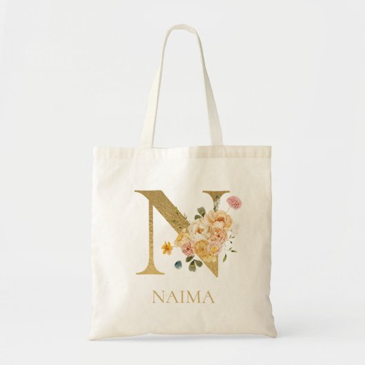 Gouden Letter N Monogram Bloemrijke Waterverf Bood Tote Bag (Voorkant)