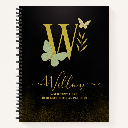 Gouden letter W Butterfly Notitieboek Hoesje (Voorkant)