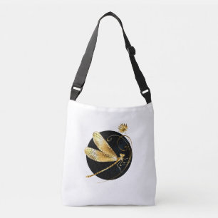 Gouden libel in zwarte cirkel crossbody tas