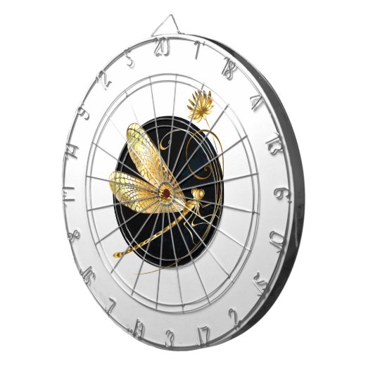 Gouden libel in zwarte cirkel dartbord (Voorkant Rechts)