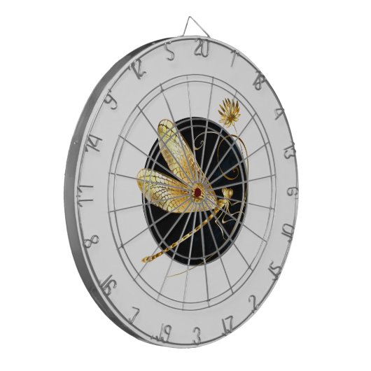 Gouden libel in zwarte cirkel dartbord (Voorkant Links)