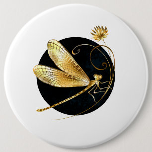 Gouden libel in zwarte cirkel ronde button 6,0 cm