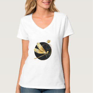 Gouden libel in zwarte cirkel t-shirt